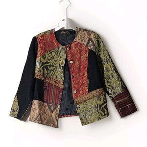 Alex Kim Patchwork Tapestry Blazer Jacket With Fringe Women's XL Vintage Unique